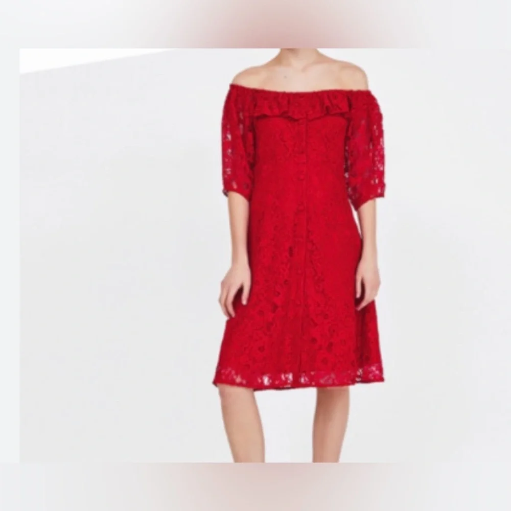 Zara Red Lace Midi Dress Button Down Size M Off-shoulder A Line Dress - Picture 2 of 15